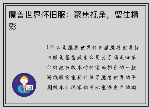 魔兽世界怀旧服：聚焦视角，留住精彩